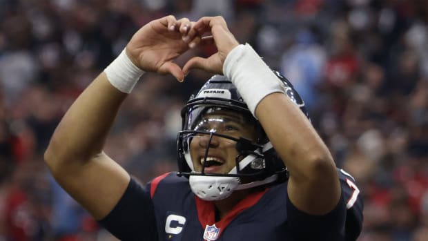 Nov 5, 2023; Houston, Texas, USA; Houston Texans quarterback C.J. Stroud (7) celebrates his touchdown against the Tampa Bay Buccaneers in the fourth quarter at NRG Stadium.